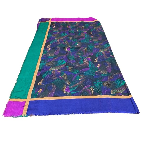 VTG LINDA ALLARD ELLEN TRACY Green Purple Gold Duck Scarf  Wrap 50” Square - Picture 2 of 7
